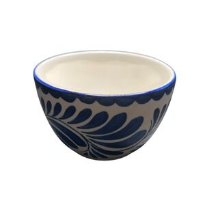 Hand Painted Talavera Style Ceramic Bowl Blue Soup Cereal White Floral Design